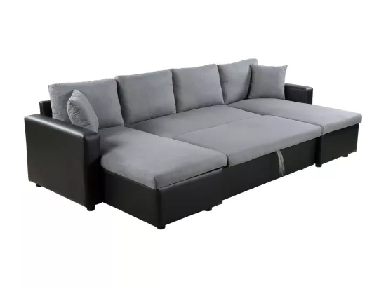 Canapé d'Angle Panoramique 6 Places Maria Convertible en simili et microfibre - Gris/Noir - L295 x P146 x H81cm - Loungitude