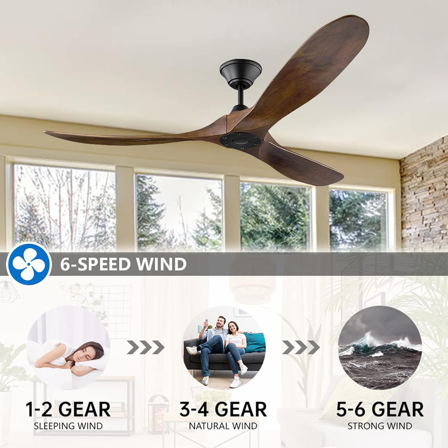 Deckenventilator ohne Beleuchtung mit Fernbedienung, 152cm Holz Retro Deckenventilator, Reversibler DC Motor Timing-Funktion für Schlafzimmer Wohnzimmer Bauernhaus Veranda
