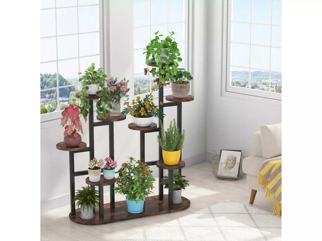 Support de plantes d'intérieur à plusieurs étages pour 11 pots de fleurs, support de rangement pour jardin, balcon, salon, marron rustique