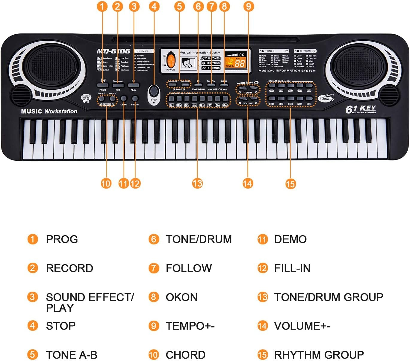 Kinder Keyboard Musik Spielzeug Piano mit 61 Tasten und 3.5mm Klinken Mikrofon - Schwarz