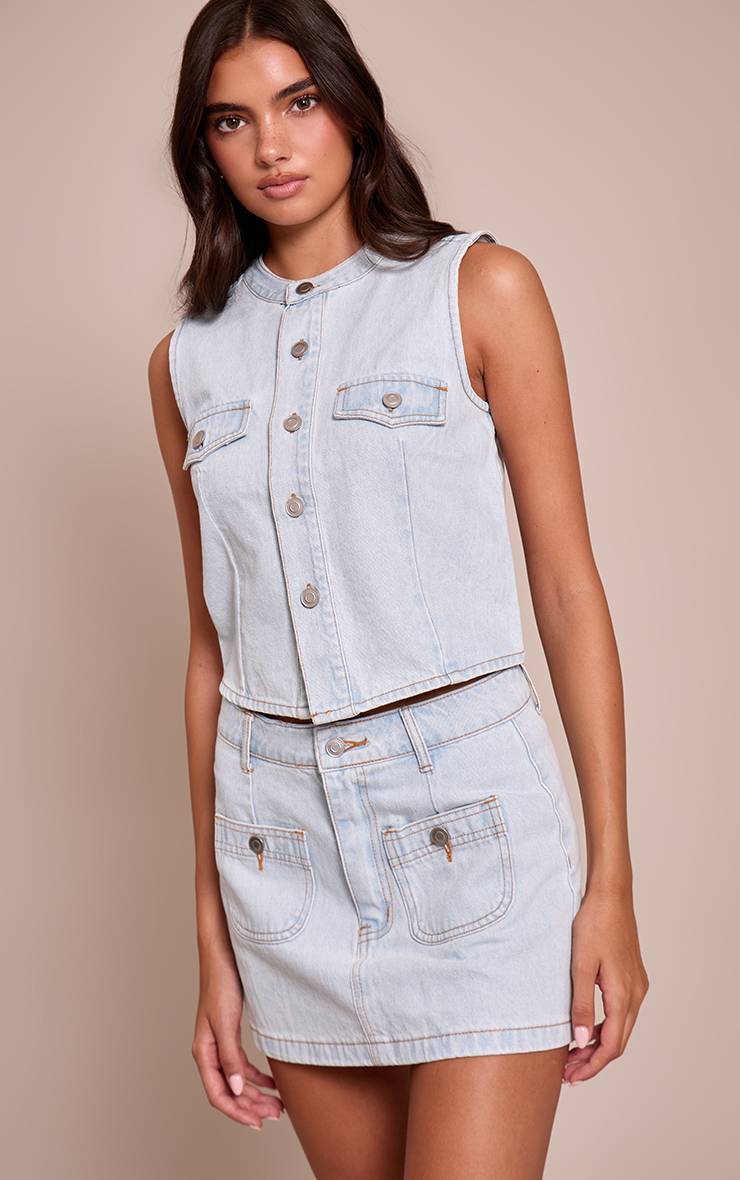 Bleu Clair Mini-jupe En Denim Taille Mi-haute