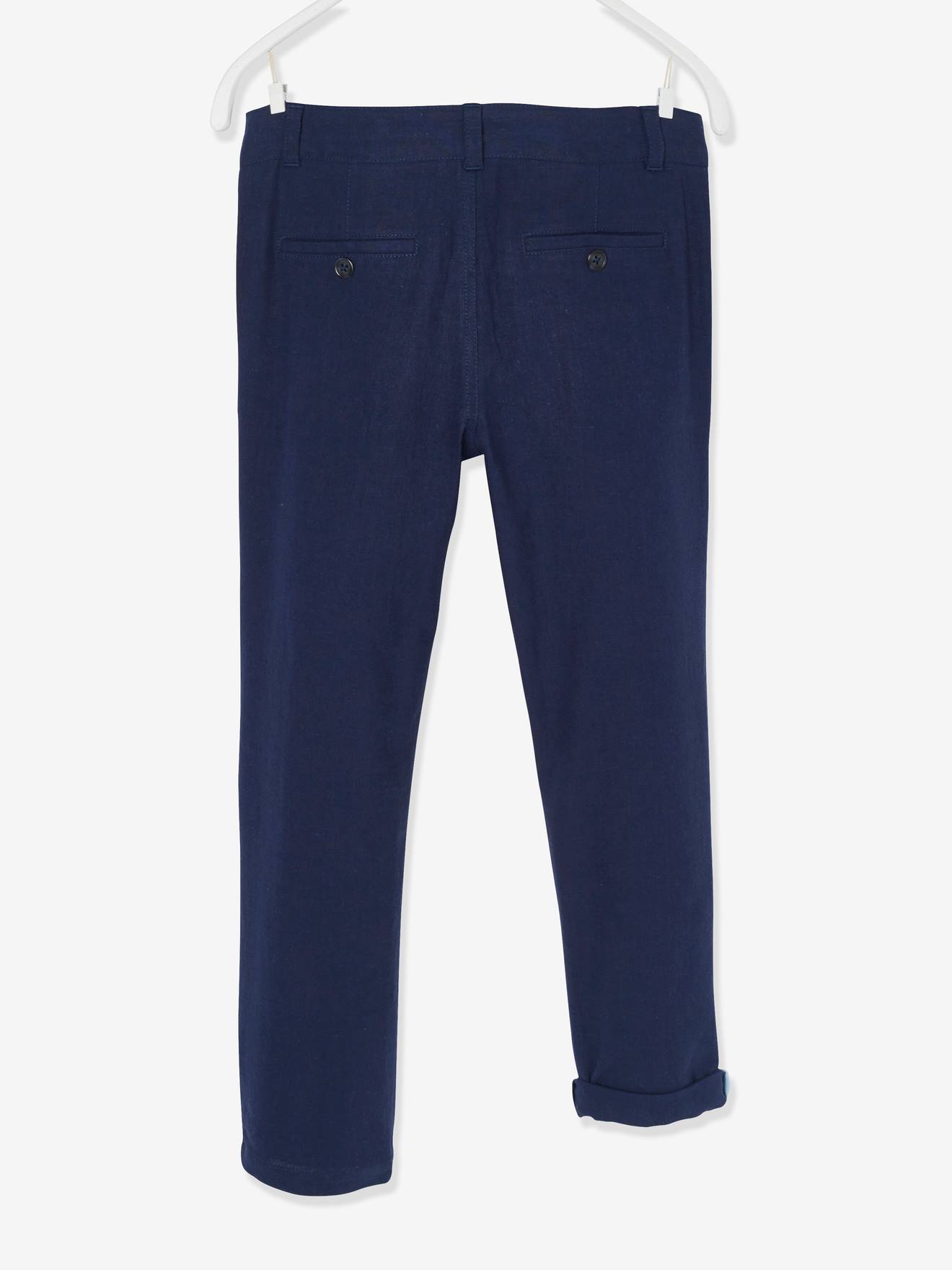 Calças chino lisas em algodão e linho bege claro para meninos, com estampas.