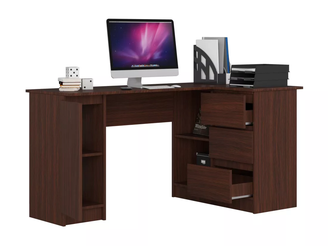 Grand bureau d'angle AKORD droit B20 Wengé 155 cm 1 porte 3 tiroirs façade Wengé 4 étagères 155x85x77 cm