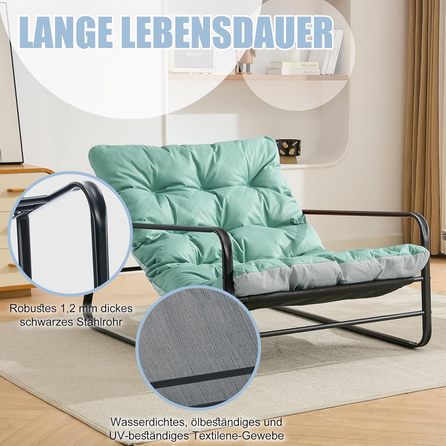 Sessel wohnzimmer Loungesessel Gartenliege mit Wendekissen Garten Liegestuhl Balkon möbel aus Stahl gepolsterter Stuhl für 2 Personen Gartensessel outdoor Relaxliege Balkon Garten Terrasse (Blau+Grau)