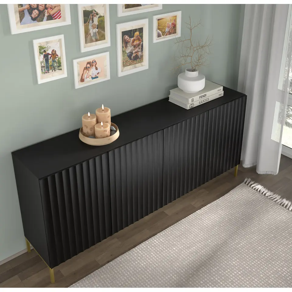 WAVE dressoir 4D 200 cm mat zwart   gouden frame