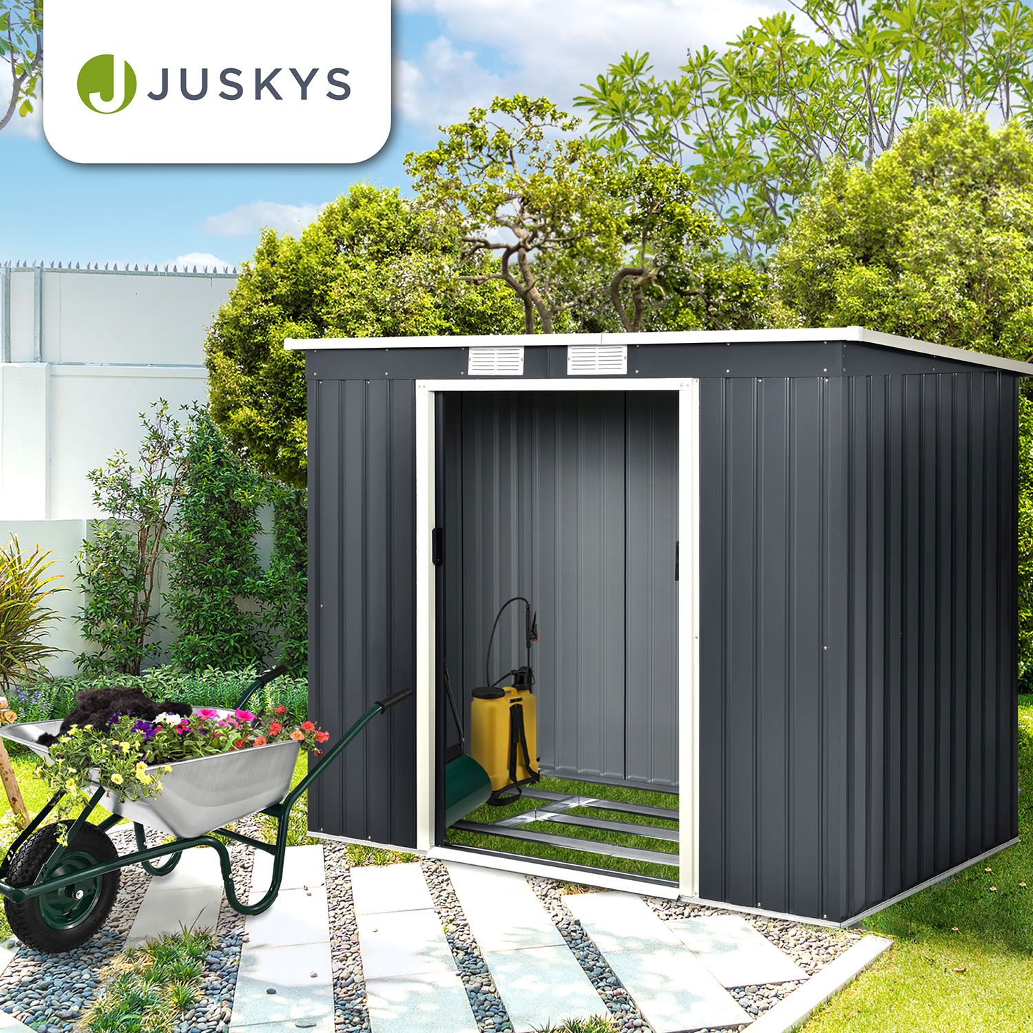 Juskys Metall Gerätehaus Geräteschuppen M mit Pultdach, Schiebetür & Fundament 4m³ anthrazit