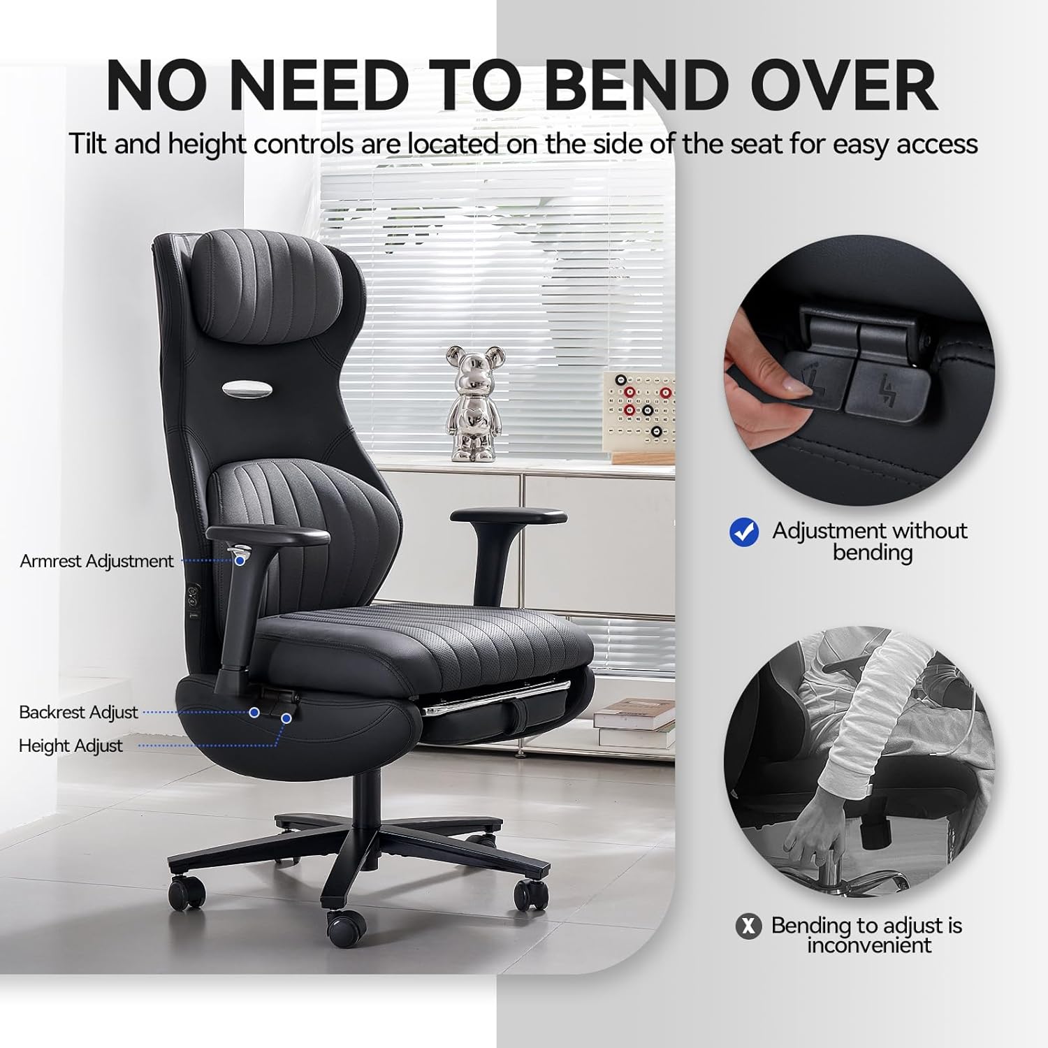 EMIAH Ergonomischer Bürostuhl, Schreibtischstuhl mit Fußstütze aus PU Leder, Verstellbare Armlehnen Compute Stuhl, mit Heizung und Massage, Chefsessel mit Kopfstütze und Lendenwirbelstütze, Schwarz FS6194690