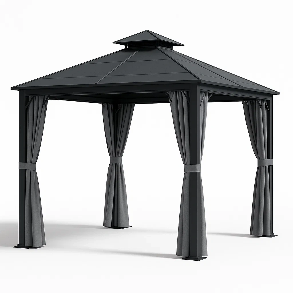 Pavillon en aluminium et acier avec rideaux en polyester noir