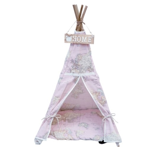 Casinha de animais de estimação em forma de tipi com mapa-múndi rosa