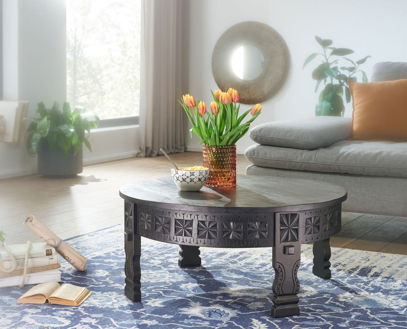 Couchtisch rund 80 cm Mango massiv Schwarz