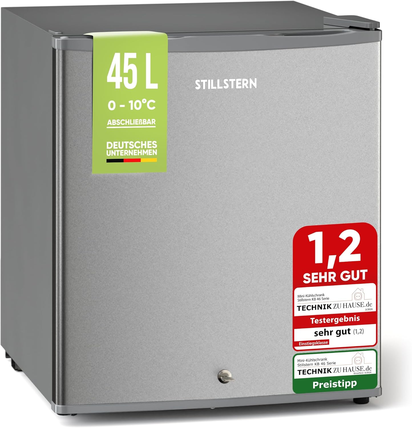 Stillstern Mini Kühlschrank E 45L mit Abtauautomatik, Schloss, Frostfach, Leise, Ideal für Küche, Büro, Schlafzimmer, Hotels und kleine Wohnungen Kühlschrank klein Minibar R600A Getränkekühlschrank