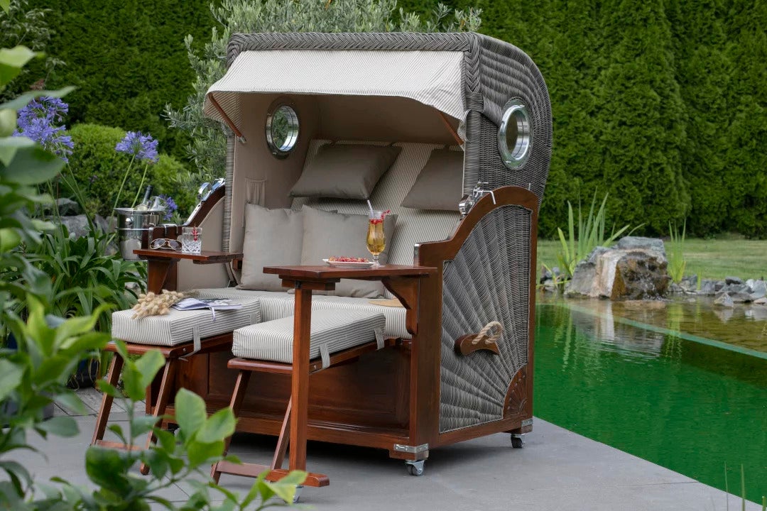 Westerland strandstoel, mahonie, patrijspoort, PE grijs, design 580