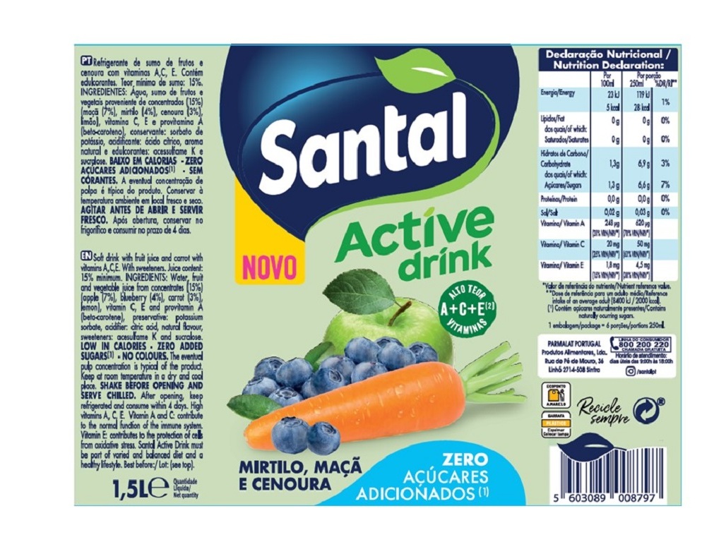 REFRIGERANTE SEM GÁS SANTAL ACTIVE DRINK MIRTILO CENOURA 1.5L