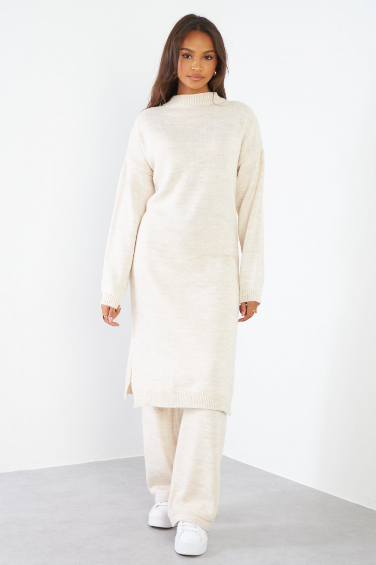 Ensemble 2 pièces pull long + pantalon en laine beige