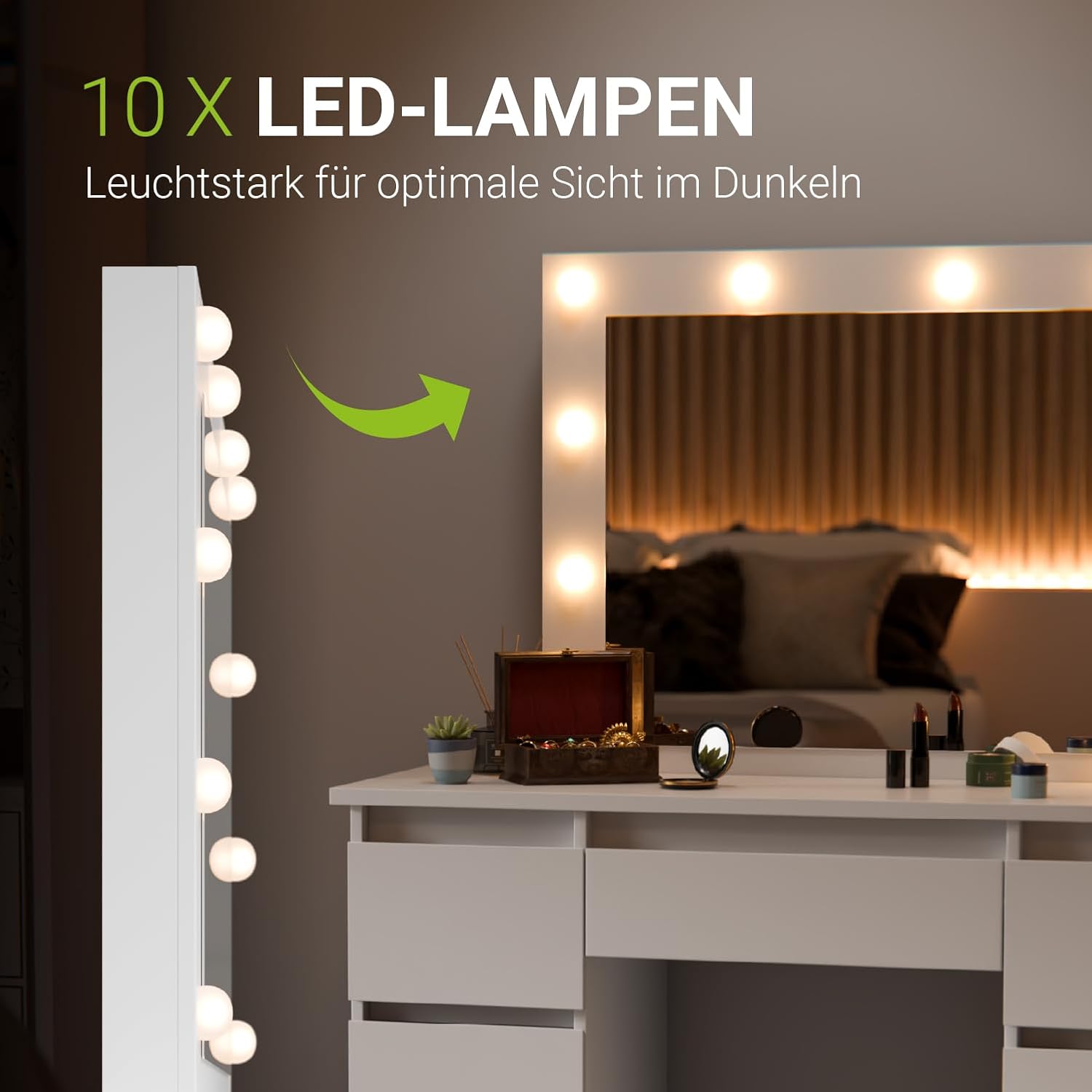 Juskys Schminktisch Talea mit LED-Spiegel und Hocker Melly, 7 Schubladen, individuelle Lichteinstellung, viel Stauraum, modernes Design, kompakt & pflegeleicht — Weiß