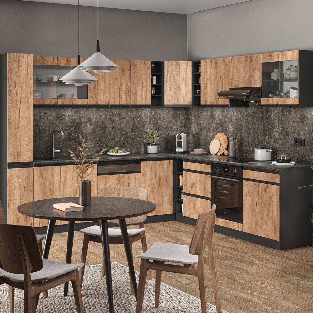 Vicco Eckküche Küchenblock Einbauküche R-Line J-Shape Anthrazit Eiche 277x257 cm modern Küchenschränke Küchenmöbel