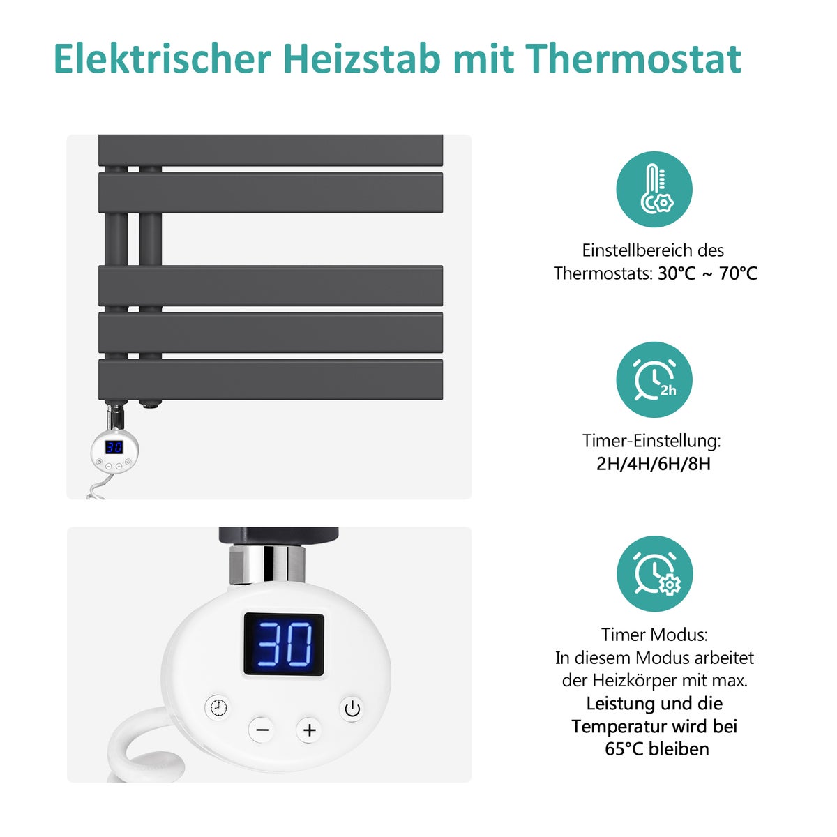 EMKE Elektrische Design Paneelradiator met Thermostaat en Timer voor Handdoekradiator, Zijdelings Open, Verticaal, 800 Watt, 60 cm x 132 cm, Antraciet