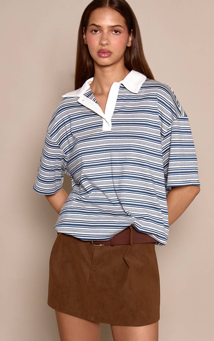 Bleu Marine Haut Style Rugby À Rayures Avec Ourlet Bouffant