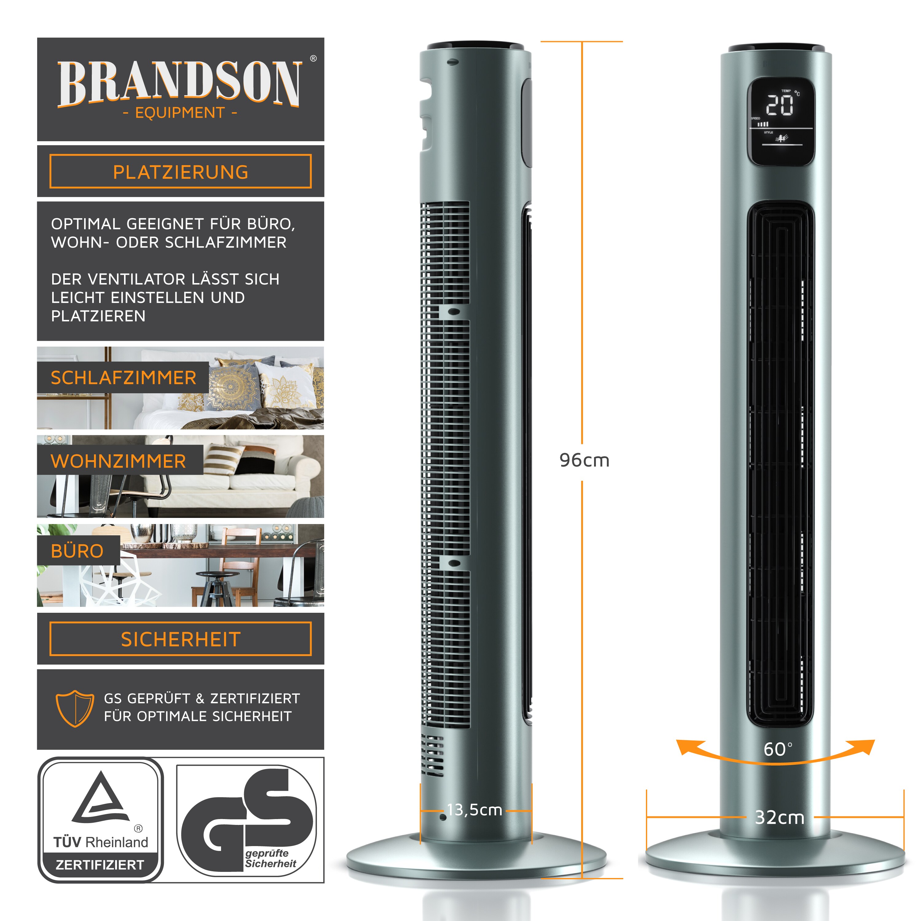 Brandson Turmventilator, Standventilator mit Fernbedienung, Säulenventilator oszillierend, 96 cm, Ventilator mit 3 Geschwindigkeitsstufen, GS