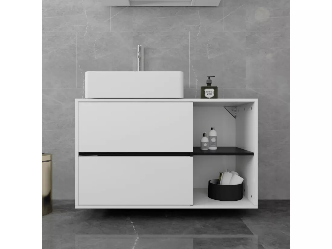 Meuble sous vasque lavabo salle de bain 2 tiroirs blanc/noir MDF ML-DESIGN