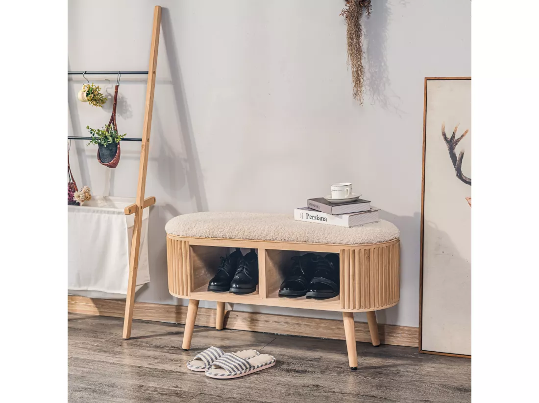 Banc avec rangement en pin et bouclettes blanc