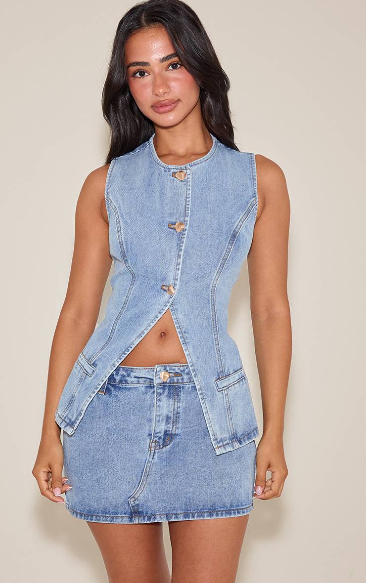 Light Blue Wash Haut Débardeur En Denim Avec Détails Contrastés Petite