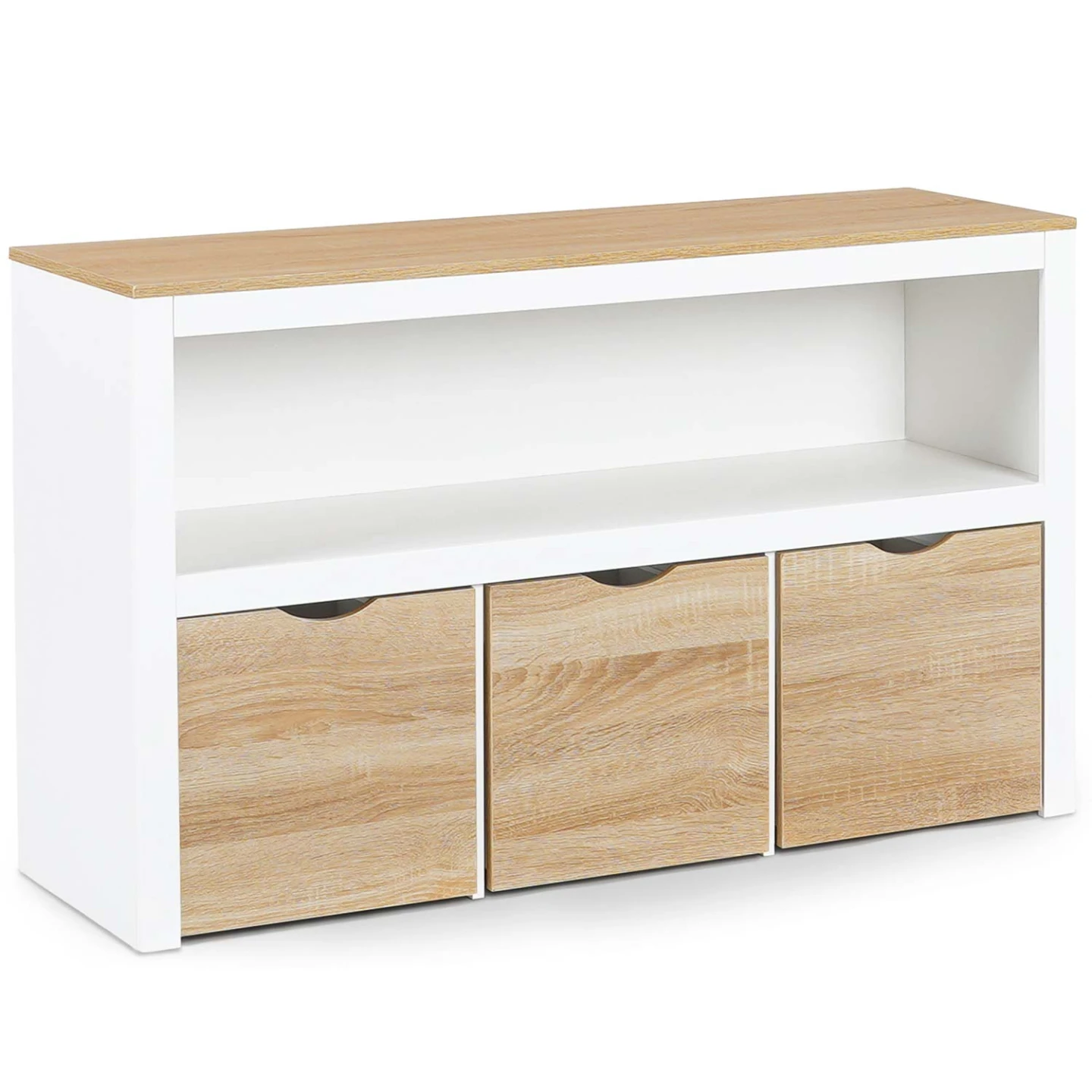 Meuble de rangement enfant MANA en bois blanc et hêtre 3 tiroirs cubes sur roulettes