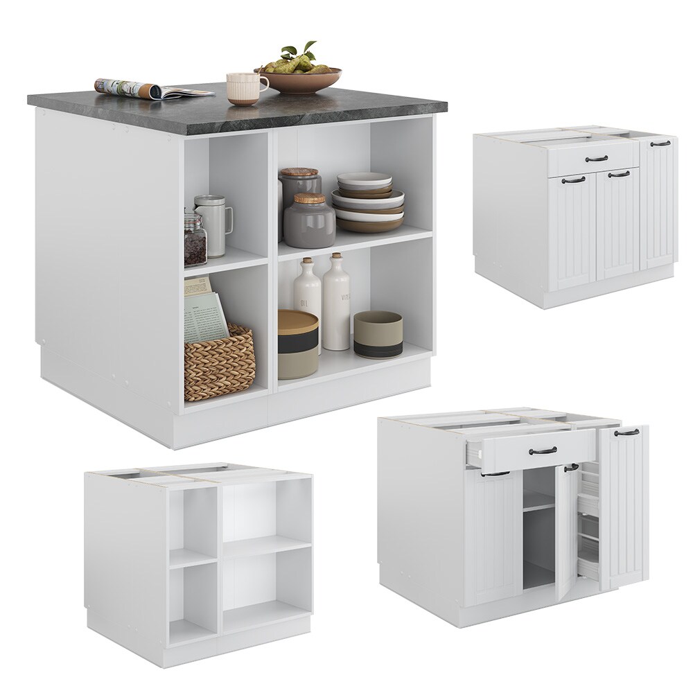 Vicco Kücheninsel Küchenblock Einbauküche Fame-Line Landhaus Weiß 90 cm Küchen Schränke Apothekerunterschrank Schubunterschrank Regalinselunterschrank Softclose-Scharnier Küchenmöbel