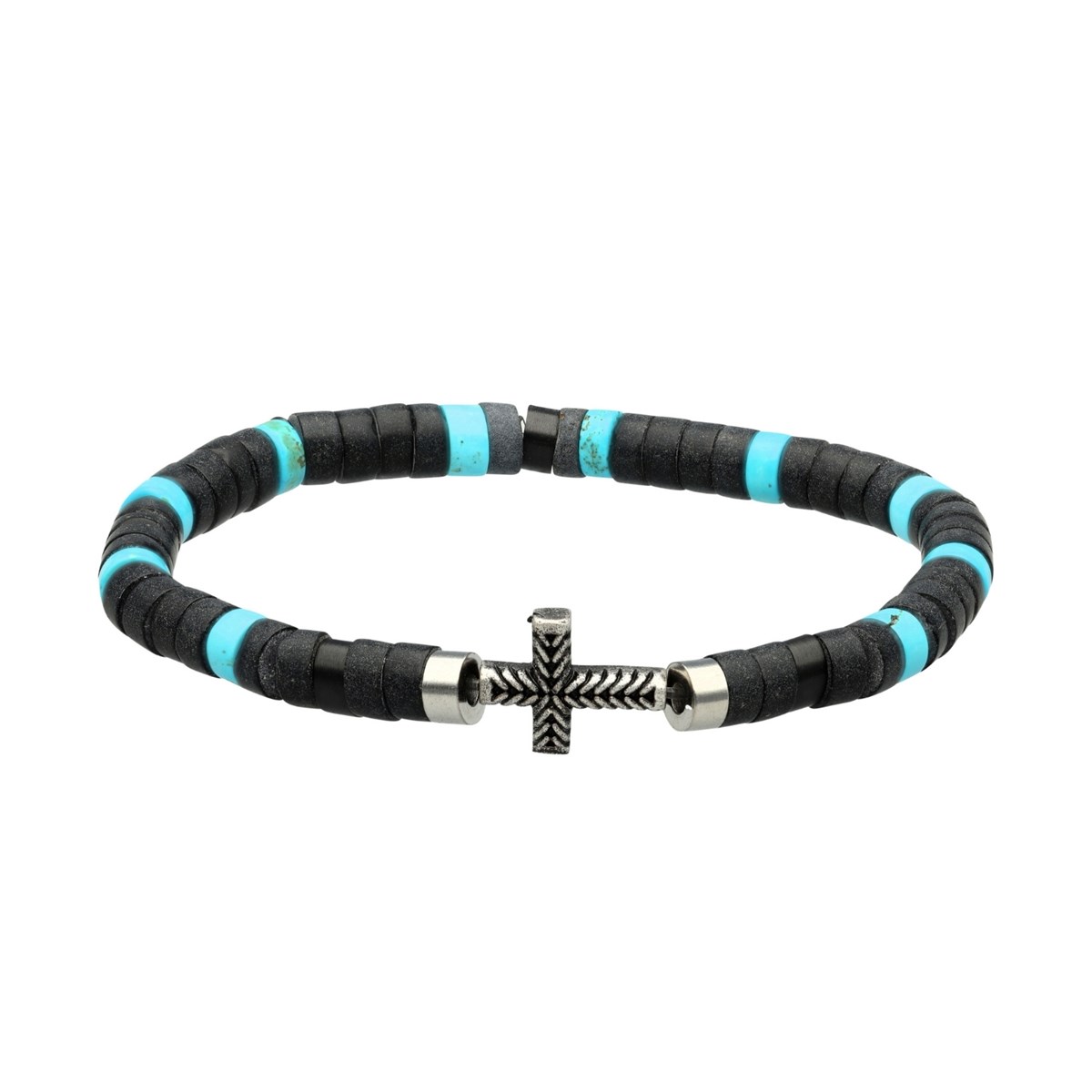 Bracelet Perles Heishi Pierres Naturelles Agate Noire Et Turquoise Croix Acier Antique-Small-16cm