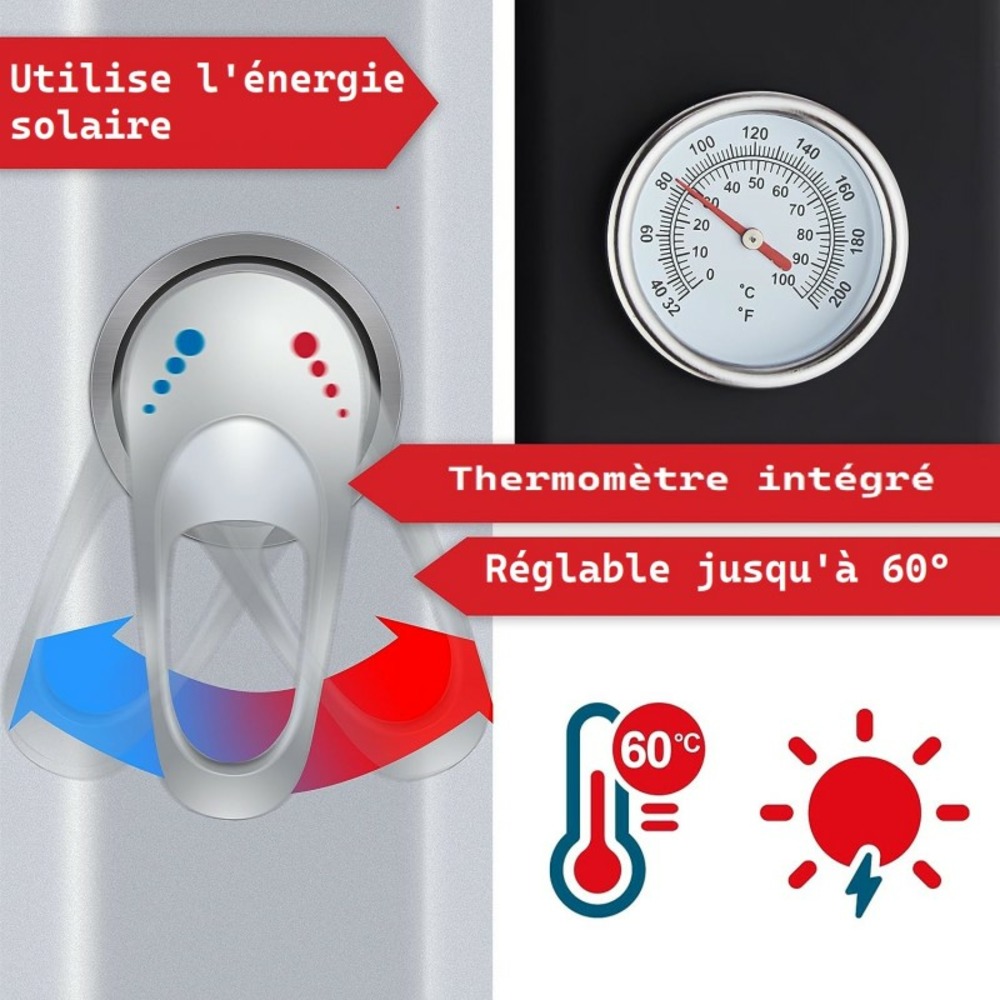 Douche solaire extérieure de camping avec robinet supplémentaire housse de protection-thermomètre intégré 60°c noir/argent
