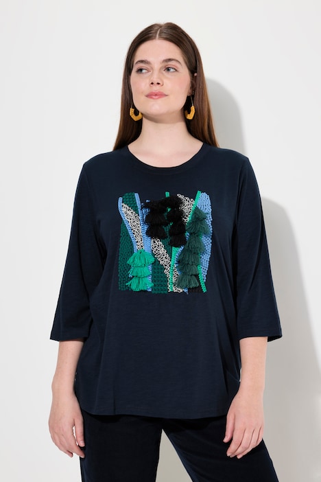 Shirt, Stickerei, Rundhals, 3/4-Arm, Biobaumwolle
