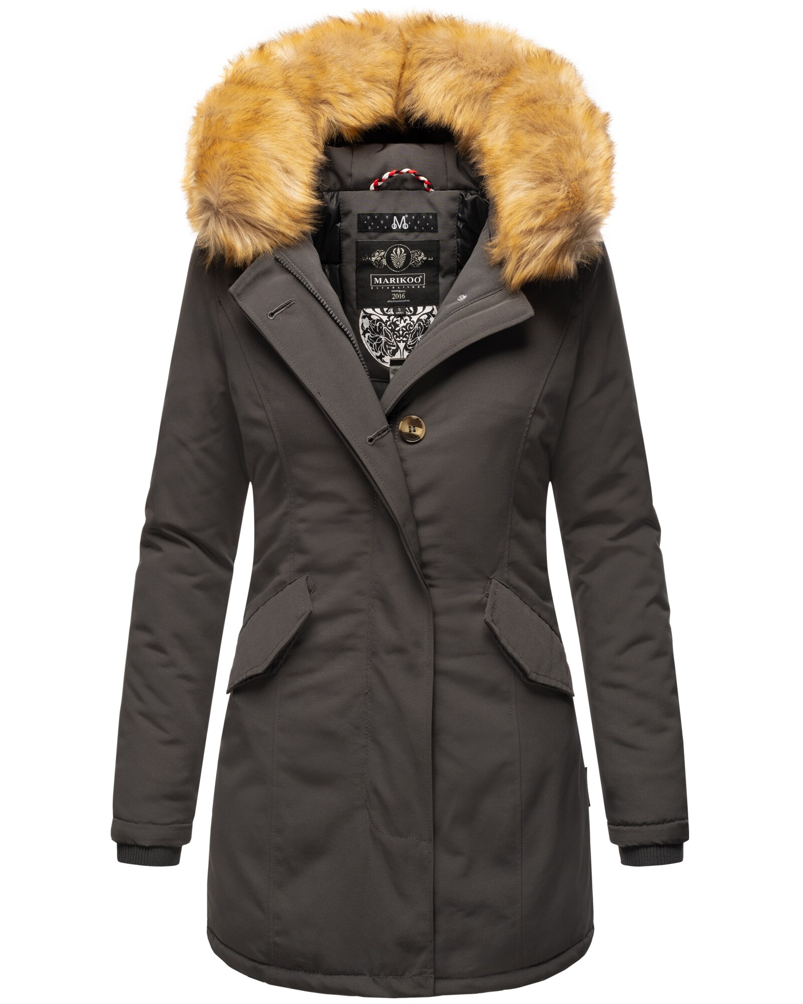 MARIKOO Damen edler Wintermantel Parka mit Kunstfellkapuze Karmaa