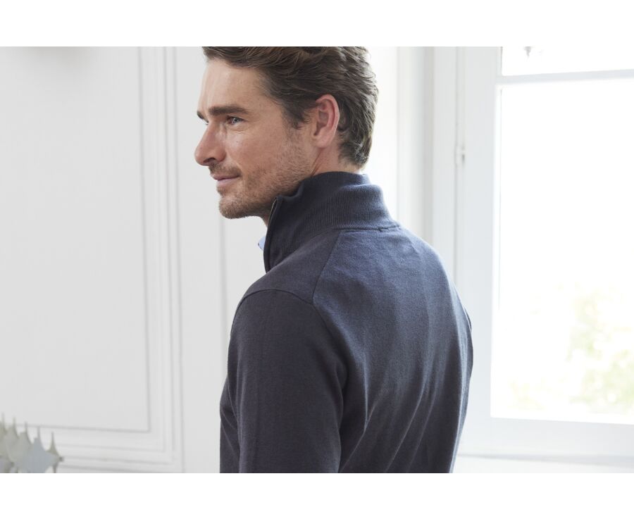 Pull fin homme coton/cachemire col zippé Gris Réglisse - VLAD