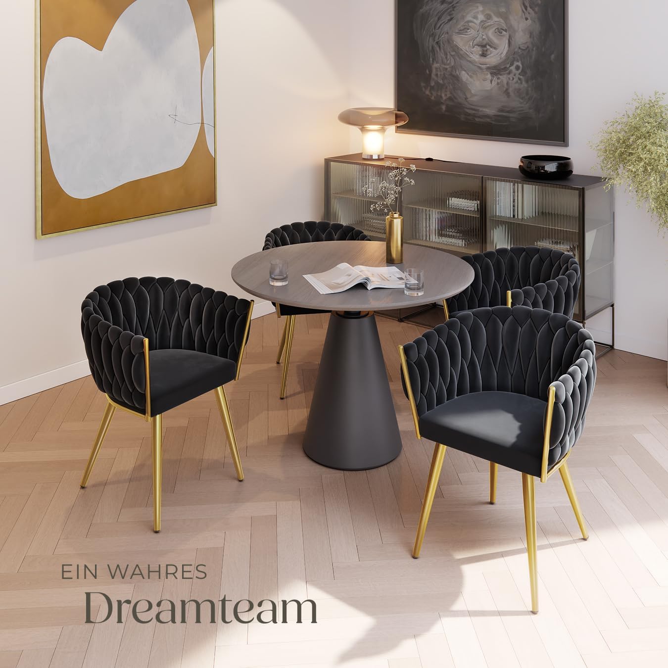 tectake® Samt Stuhl, Schalenstuhl mit Armlehne in Knoten Optik, Esszimmerstühle, Sessel modern für Wohnzimmer, Esszimmer, als Küchenstühle, für Schminktisch, Dining Chair Set - Schwarz/Gold, 4er Set