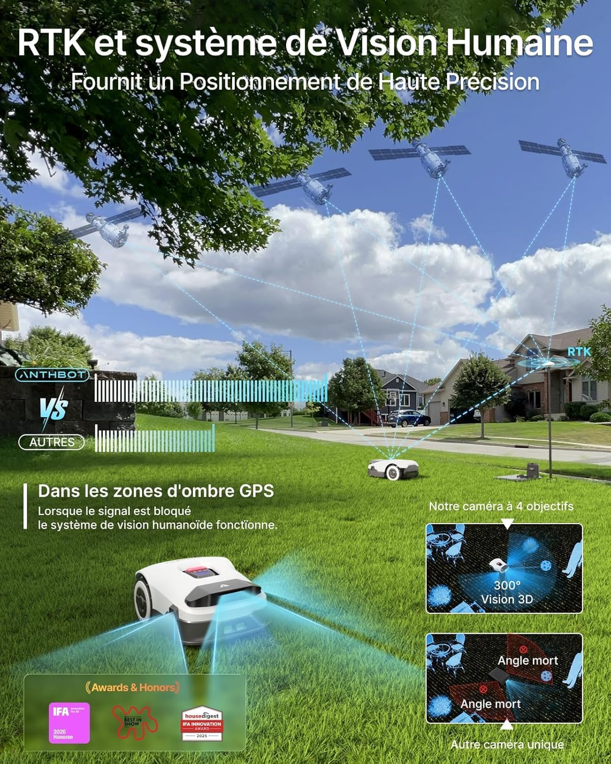 ANTHBOT Genie600 Rasenmähroboter, kabellos, 900 m² RTK+IA-Vision, Auto-Kartographie, 20 Multi-Zonen, Hindernisvermeidung, automatisches Aufladen
