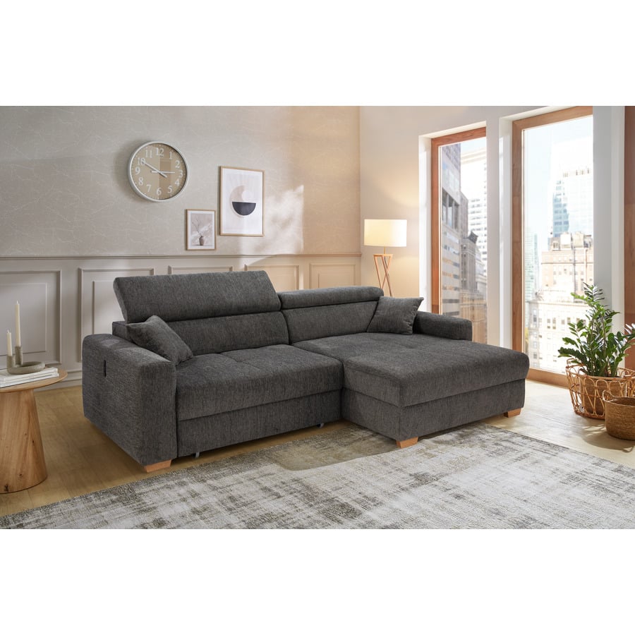 Ecksofa Track Stoff beige mit elektrischer Vorziehbank