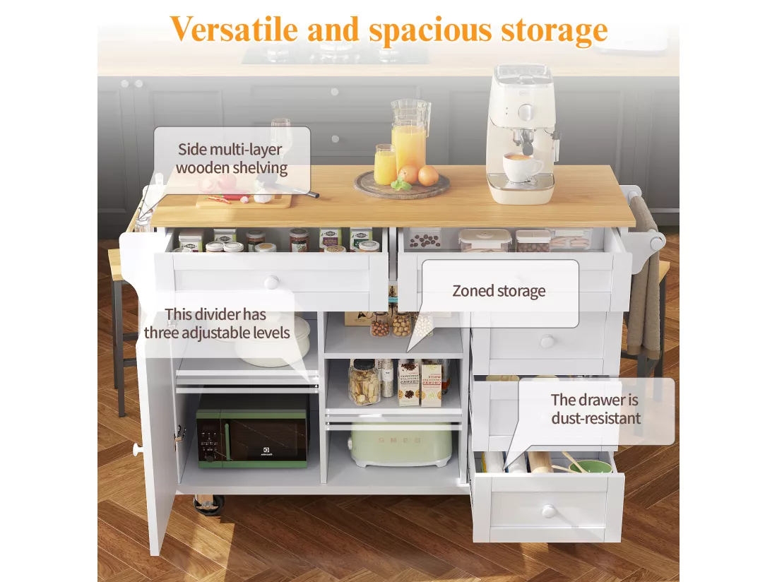Ilot central de cuisine mobile - 5 tiroirs et 5 compartiments - MDF - Blanc