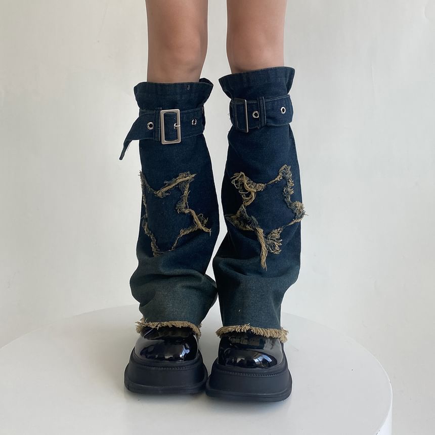 Allinya - Fray denim beenwarmers met gewassen appliqué