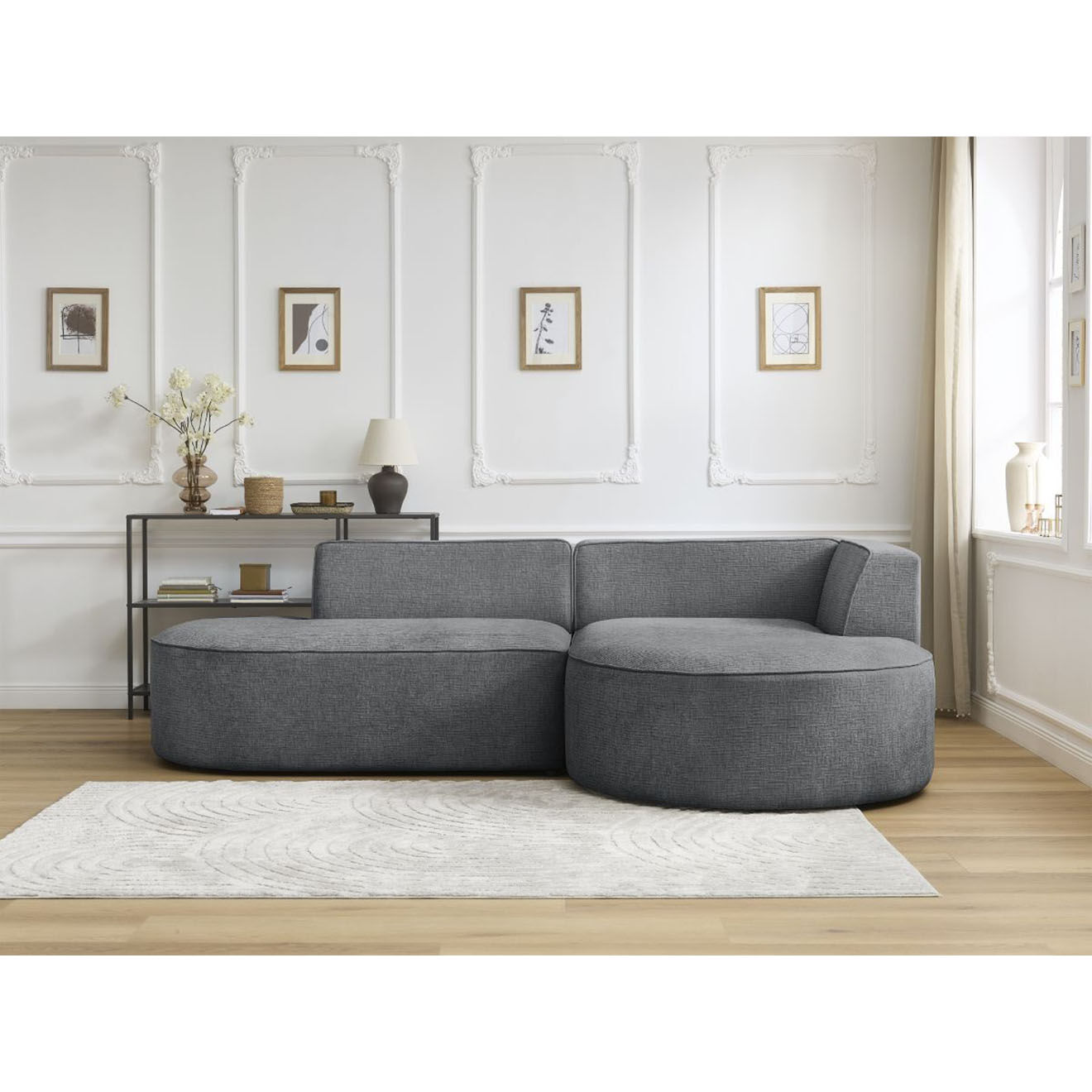 Bobochic Canapé d'angle droit fixe 4 places Rousseau texturé gris foncé - 250x160x72 cm