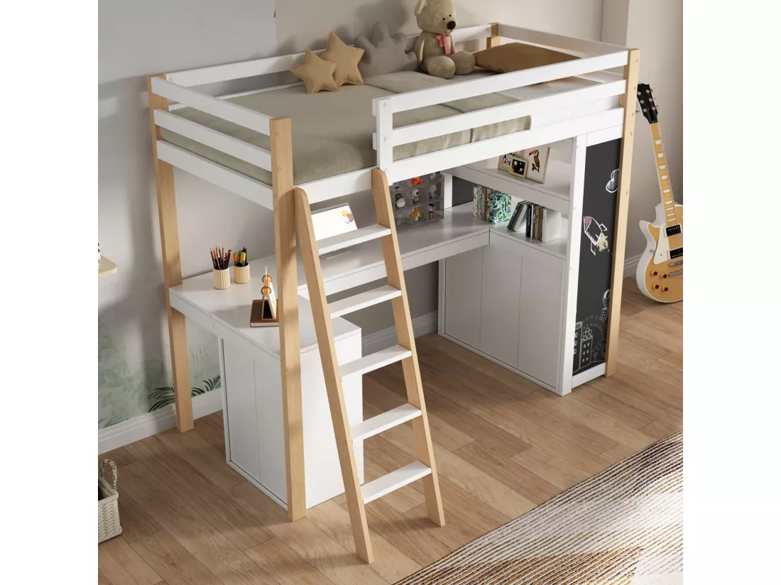 Lit mezzanine avec bureau - 90 x 200 cm - 6 grand tiroir - clôture et escalier - bois massif et MDF - Blanc