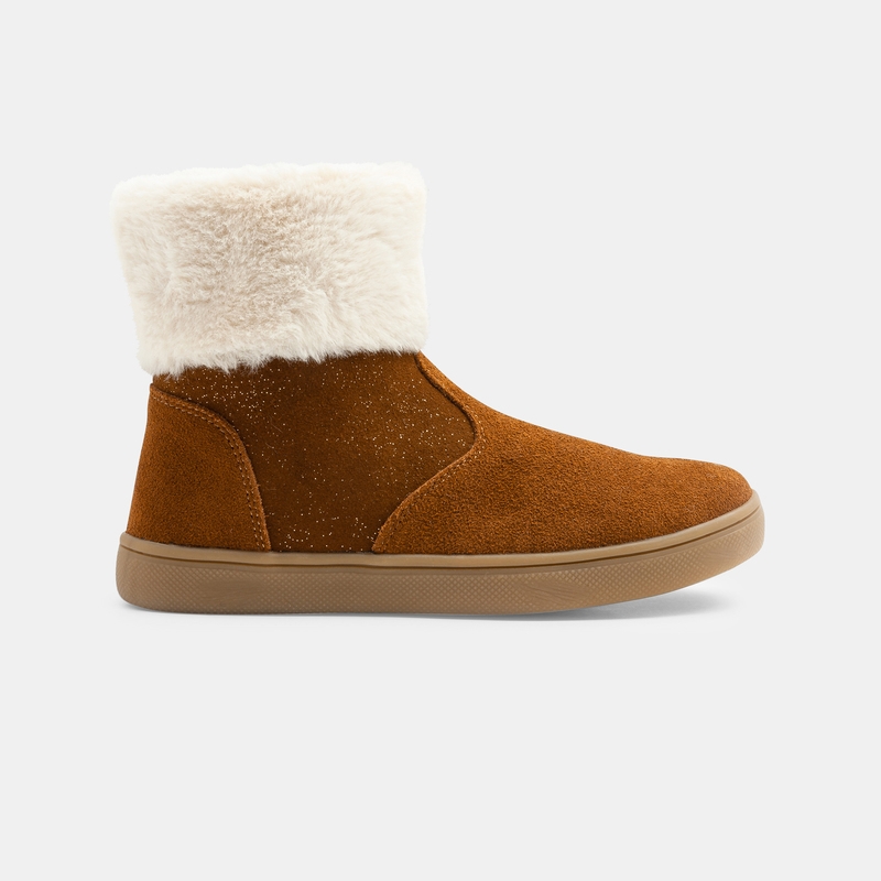 Boots croûte de cuir irisée col fourré beige fille