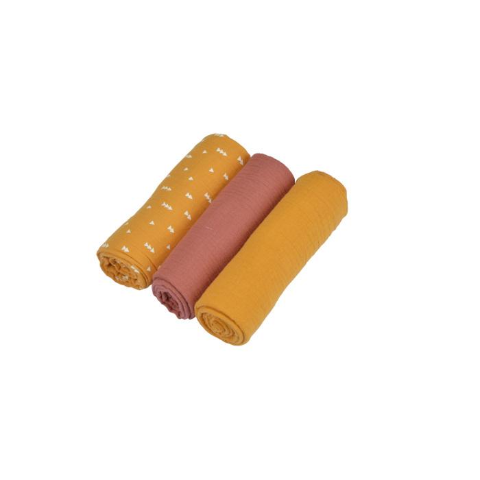 SET 3 LANGES GAZE DE COTON 70X70CM MOUTARDE TERRACOTTA