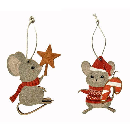 Suspensions en bois DIY thème Les petites souris de Noël H.9 cm x 10