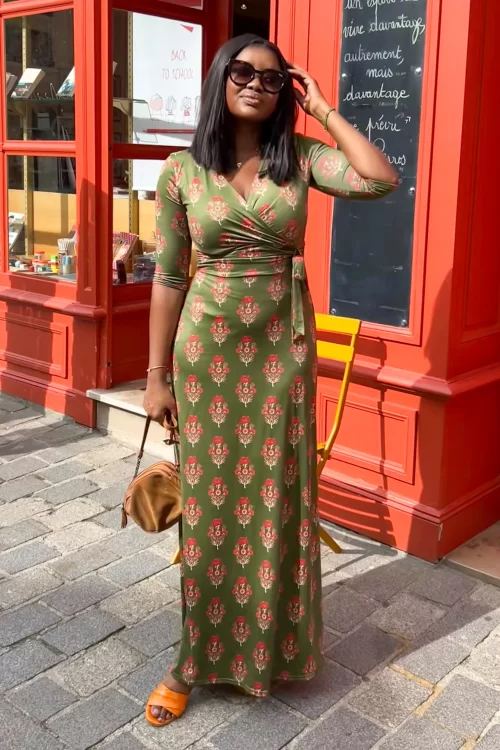 Vintage Chic for Topvintage Fresia flower maxi jurk in groen en rood