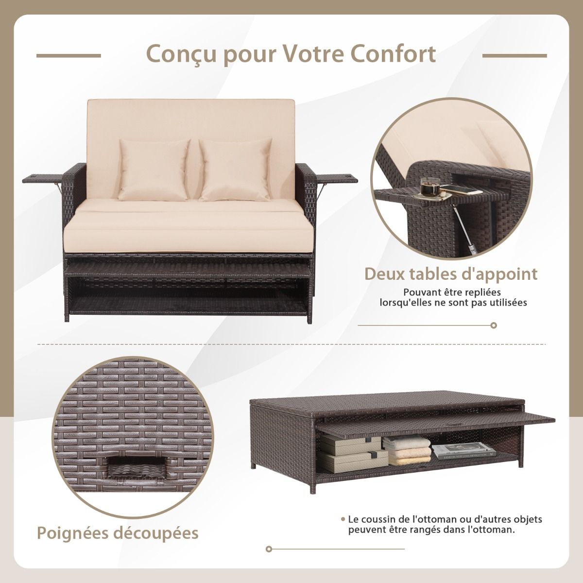 Salon de Jardin Extérieur Ajustable à Lit, 2 Place avec Stockage Caché, Dossier Réglable à 4 Niveaux en Rotin PE - Lidl-Manfred