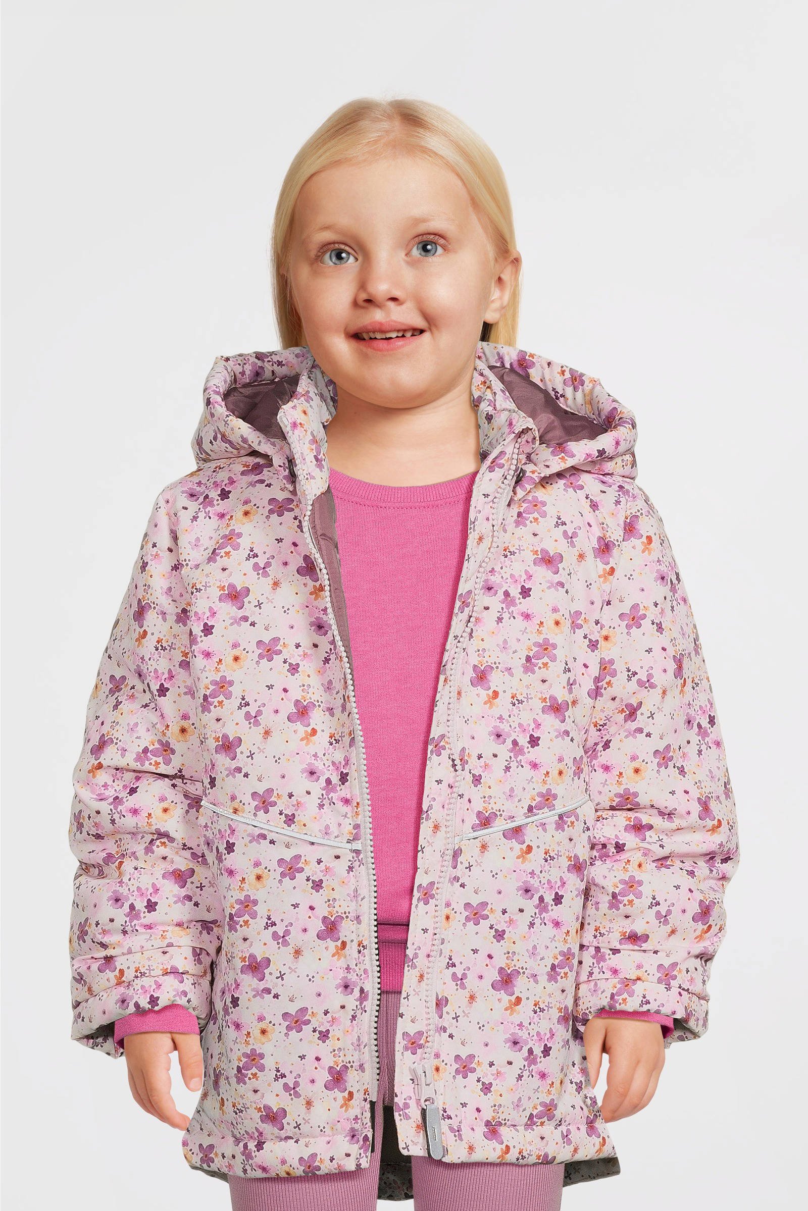 NAME IT gebloemde  winterjas NMFMAXI roze/rood/paars