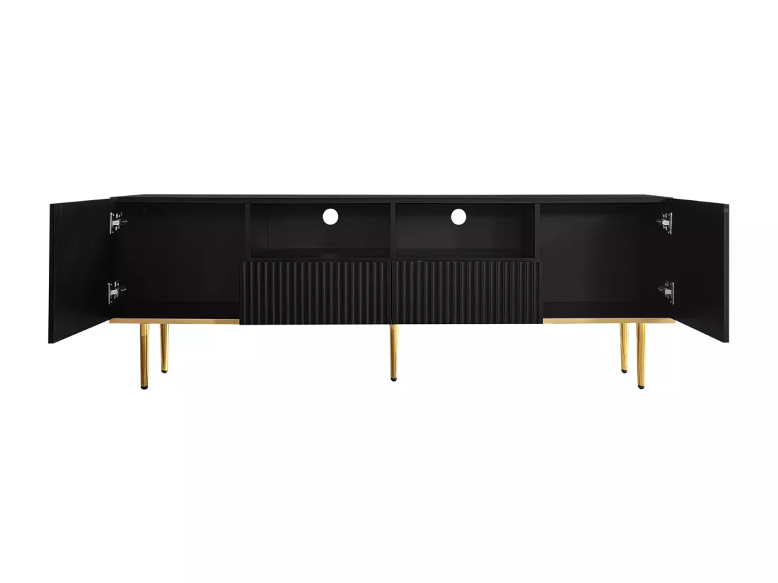 Meuble TV 165x36x55cm, avec 2 portes, 2 tiroirs et 2 compartiments, pieds dorés et bord doré, Noir