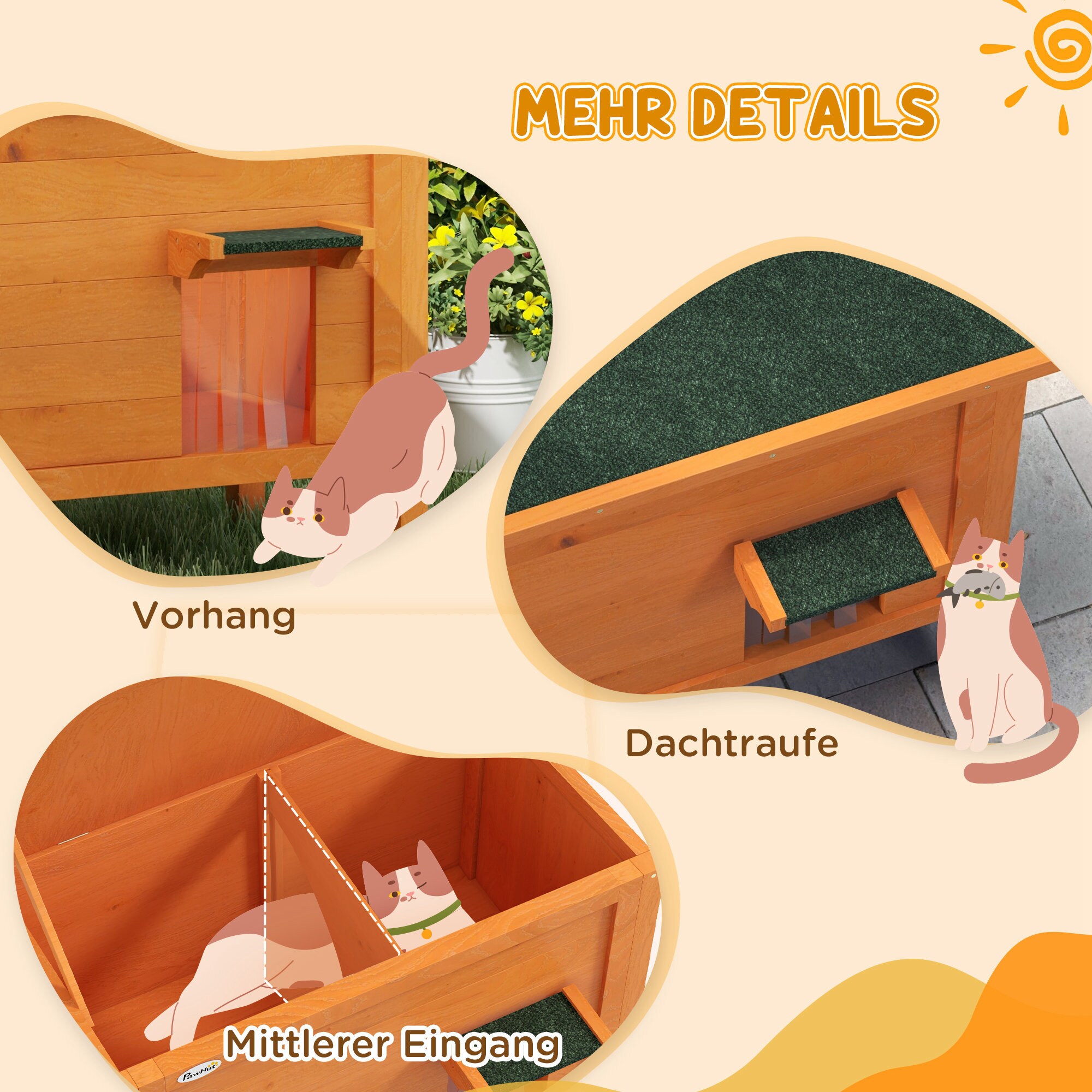 PawHut Katzenhütte mit Dach und Katzenklappe orange 85L x 50B x 68,5H cm