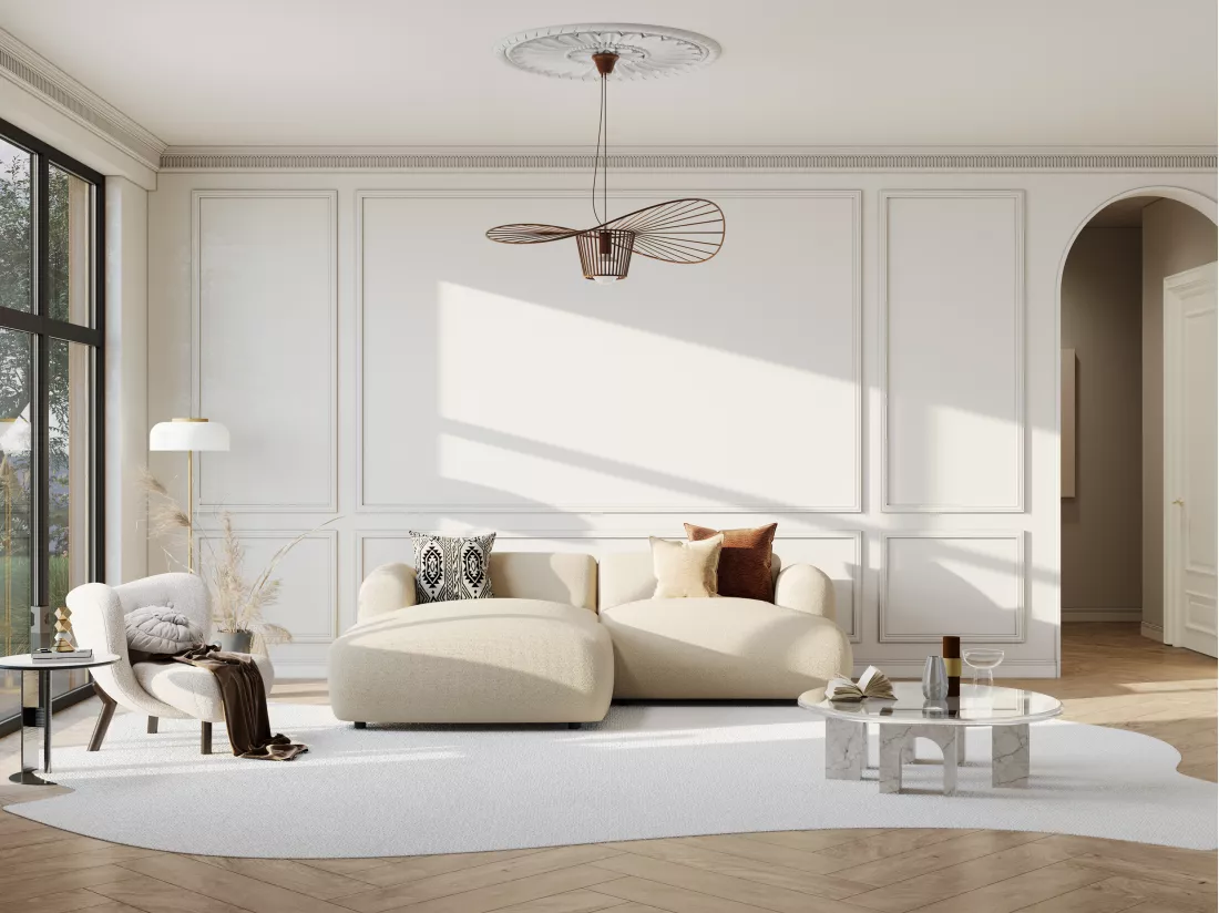 Canapé d'angle gauche en tissu texturé beige POGNI de Maison Céphy