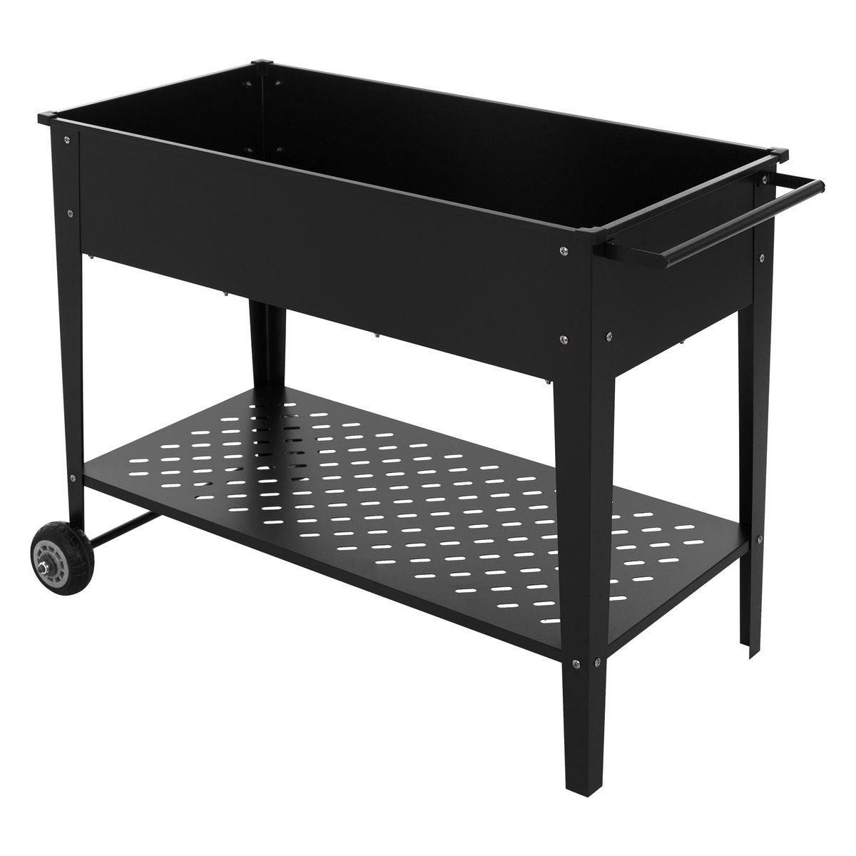 ML-Design Metalen verhoogde tuinbak, mobiel, 98x50x79,5 cm, zwart, mobiele plantenbak met plank, wielen en handvat, plantenbak voor tuin en balkon, tuinbak, groentebak, kruidenbak, bloembak, plantenbak